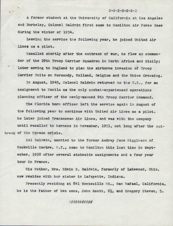 Hamilton Air Force Base Press Release, December 18, 1964, Page 2 (Source: Baldwin Family)